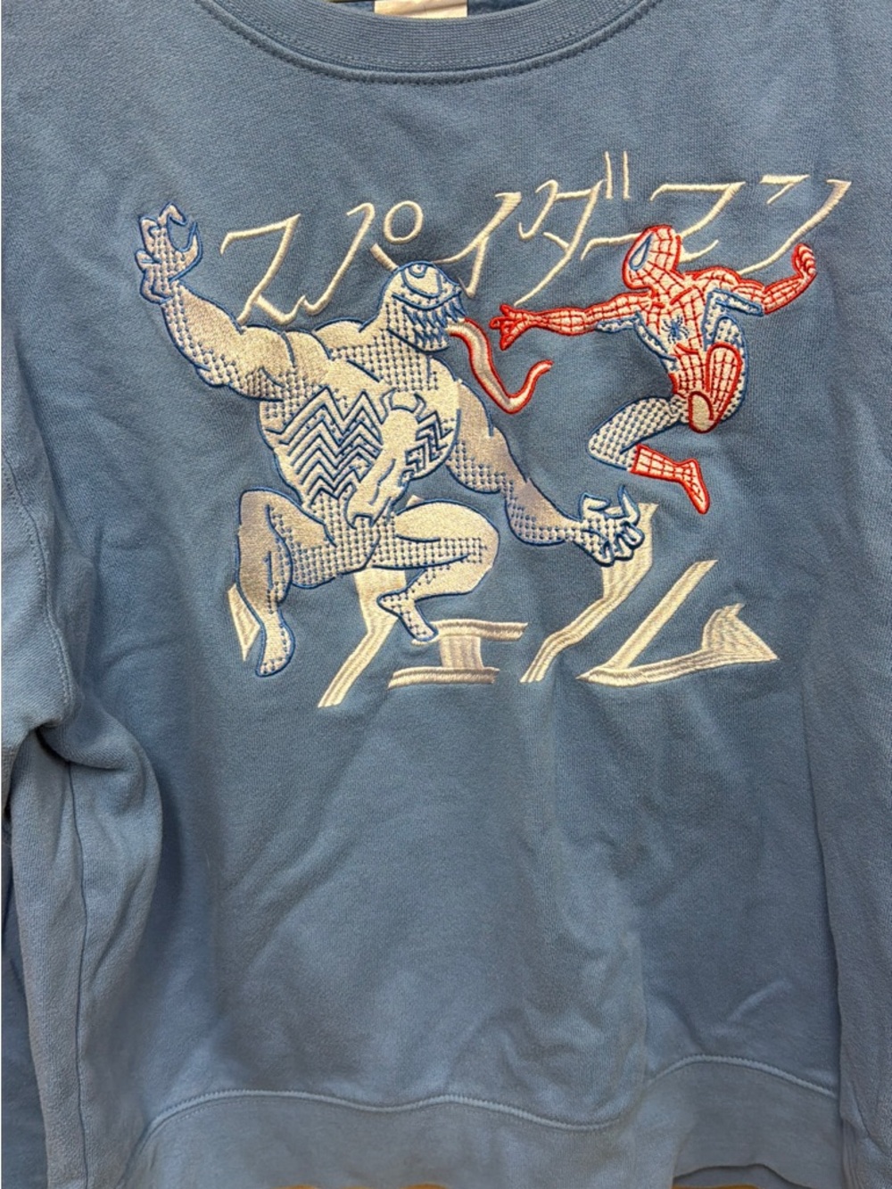 Blue Sweatshirt with Embroidered Spider Characters size M